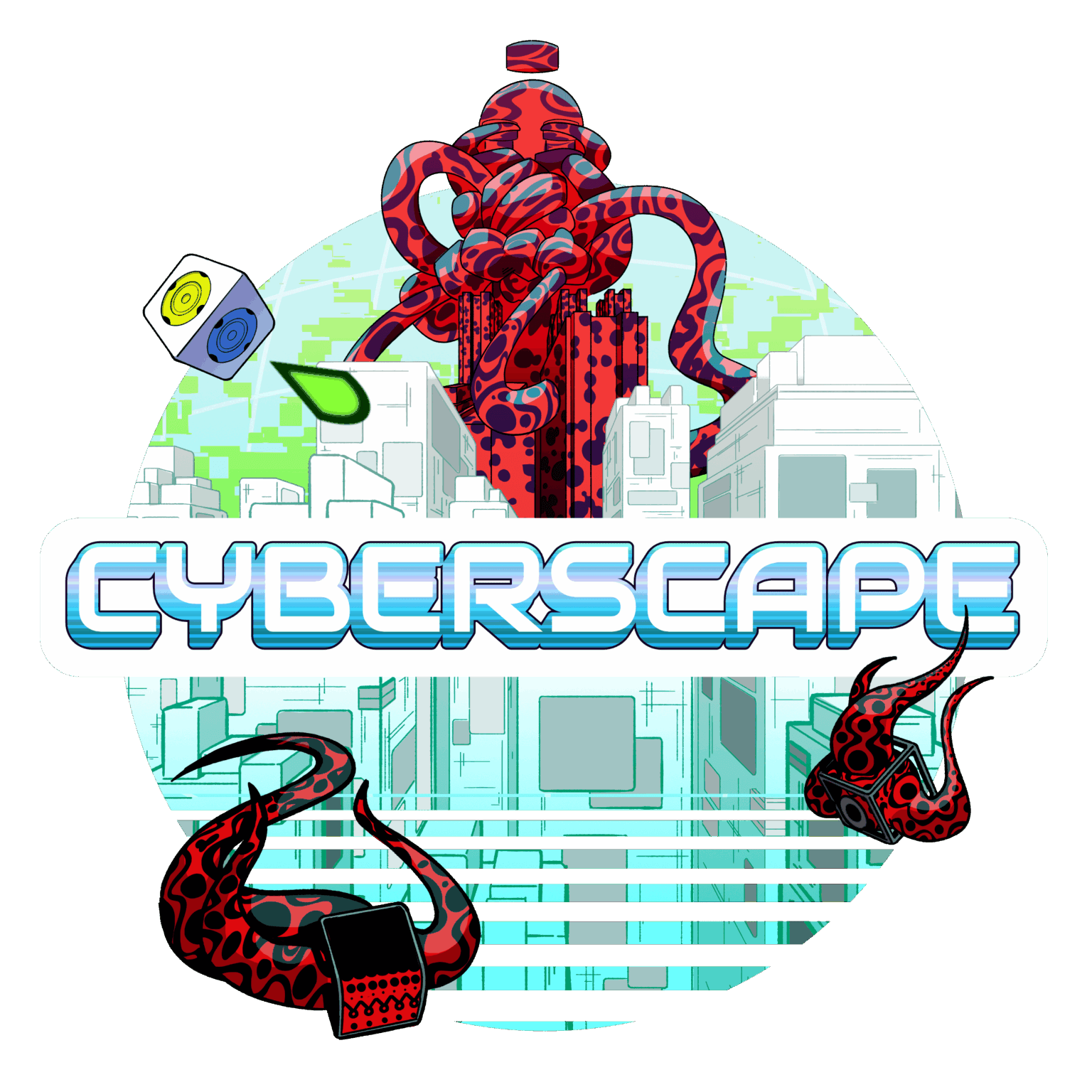 Futuristic city with red tentacles and 'CYBERSCAPE' text.