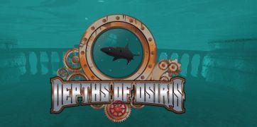 Underwater scene with a portal, gears, and a shark silhouette, text reads 'Depths of Osiris.'