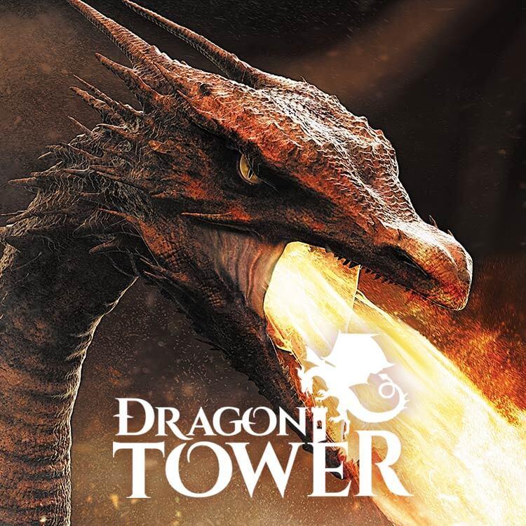 A dragon breathing fire with 'Dragon Tower' text overlay.