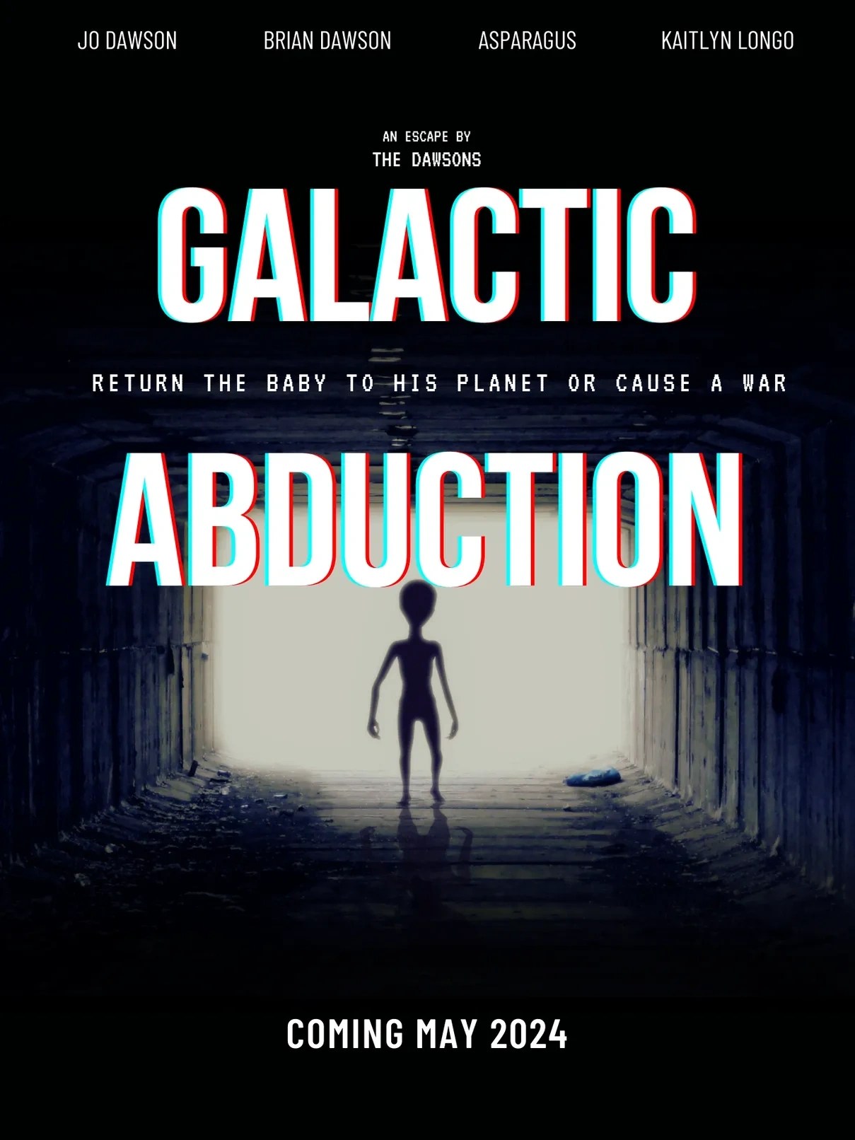 Alien silhouette in tunnel on sci-fi movie poster, 'Galactic Abduction', coming May 2024.