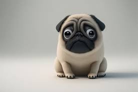 Cute cartoon pug with big eyes sitting on a plain background.
