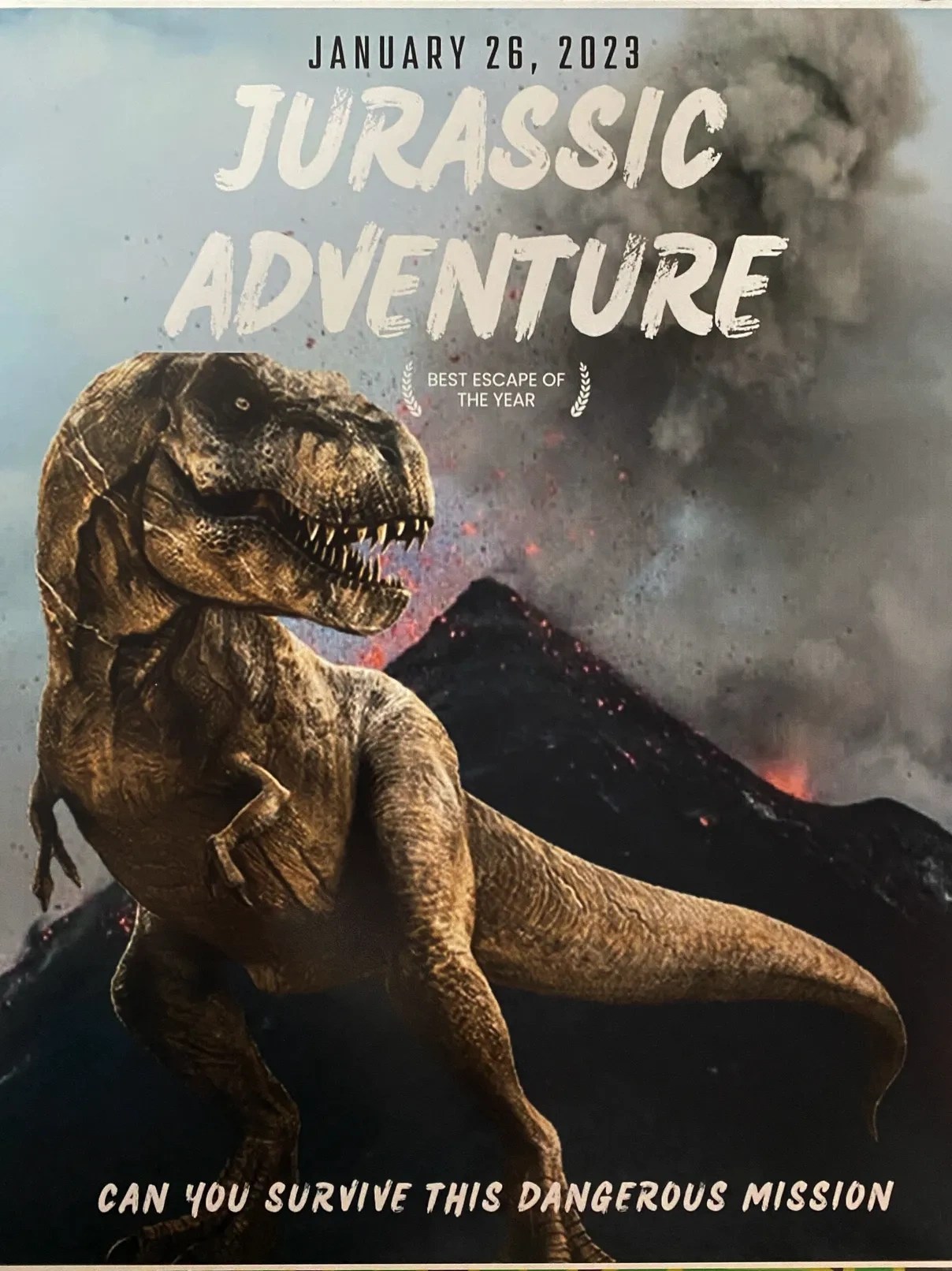 Tyrannosaurus rex with erupting volcano, text: 'Jurassic Adventure.'