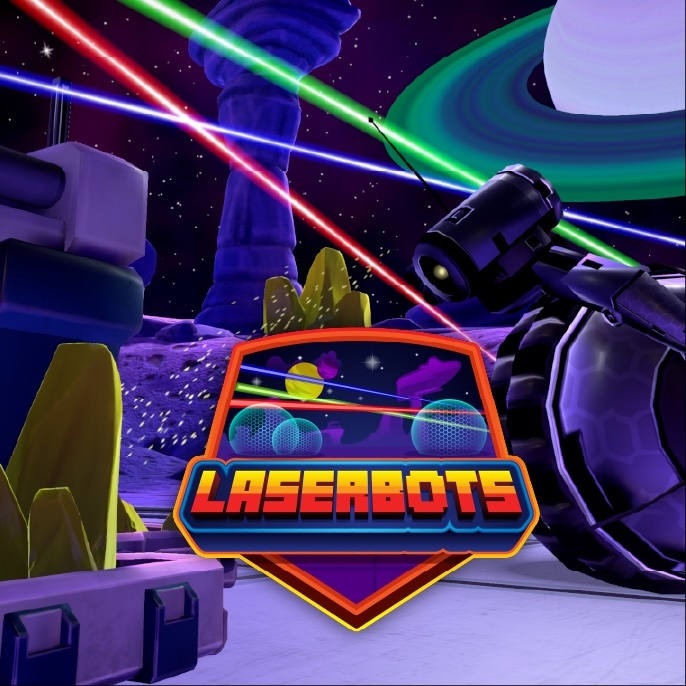 Futuristic space scene with lasers, robots, and a 'LASERBOTS' logo.