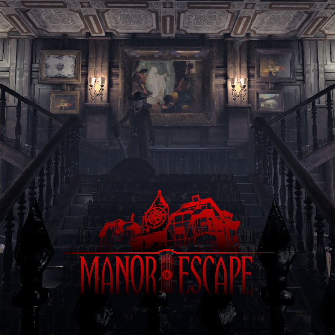 Dimly lit manor staircase with red 'Manor Escape' text.