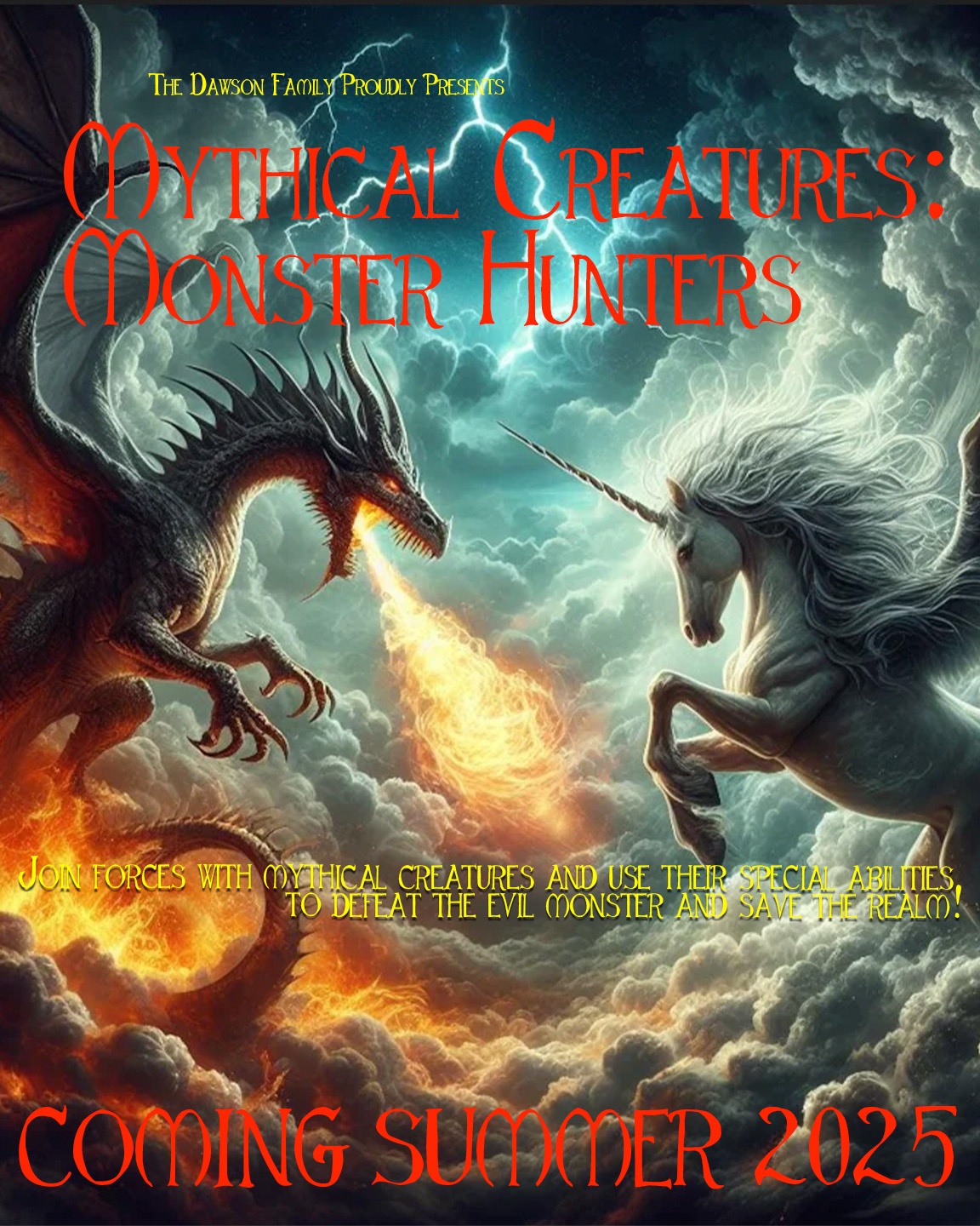 Dragon breathing fire at unicorn on stormy sky background.