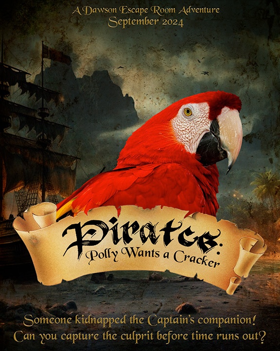 Pirate-themed poster with a parrot, ship, and adventure text.
