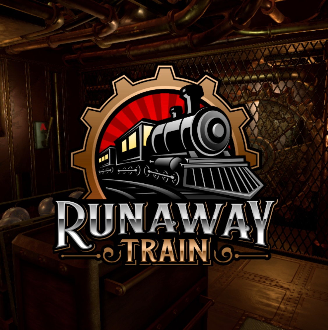 Illustration of a steam train labeled 'Runaway Train' with industrial gears in the background.
