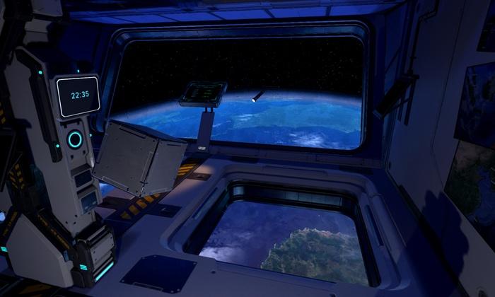 Space station window view of Earth with a screen and a tablet nearby.