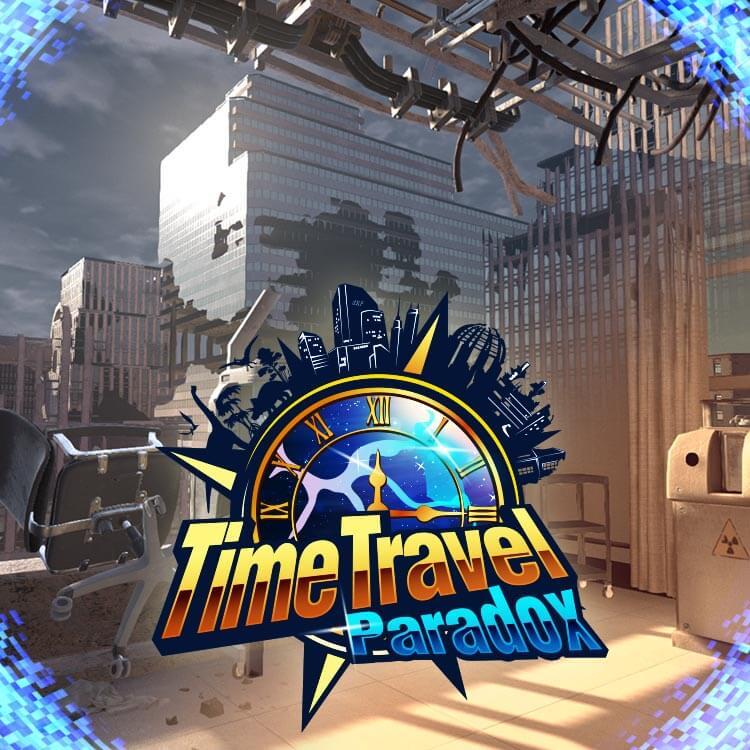 Futuristic cityscape with 'Time Travel Paradox' text and clock design in foreground.